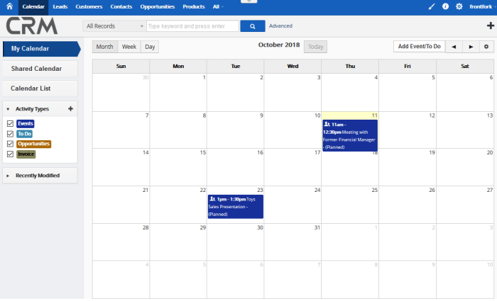 View and manage calendars crm calendar customer management system 